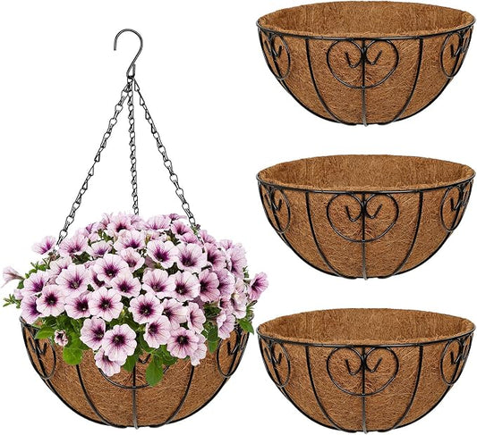 12 inch Metal Hanging Baskets for Plants Outdoor, 4 Pack Metal Wire Hanging Basket Planter with Coco Liner Flower Pots for Indoor Outdoor Garden Porch Patio, Heart-Shaped