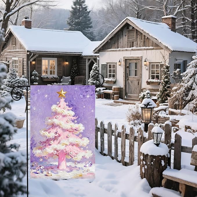 Christmas Garden Flag 12x18 Inch Purple Pink Xmas Tree Pearl Winter Holiday Decorative Yard Flags for Outside Double Sided Seasonal Outdoor Home Farmhouse Decoration Porch New Year Decor