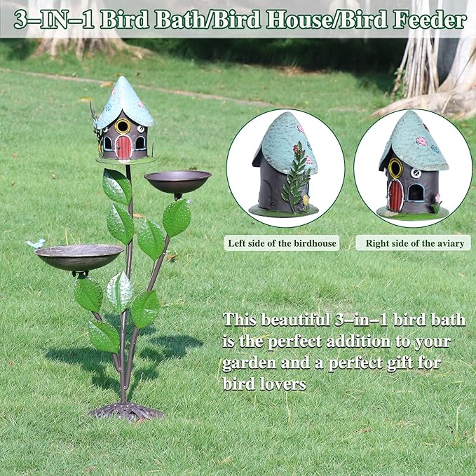 38" H Cast Iron Pedestal Bird Bath, Bird Baths for Outdoors with Metal Bird House Bird Feeder 3-in-1, Garden Yard Lawn Decor