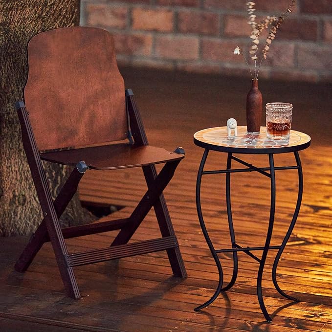 VONLUCE Mosaic Side Table and Plant Stand, 21" Round End Table with 14" Ceramic Tile Top, Indoor and Outdoor Accent Table, Porch Patio Furniture, Entryway & Coffee Table for Home & Garden, Quilt Star
