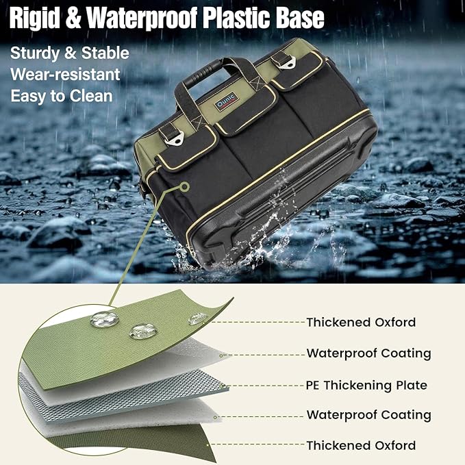 Tool Bag, Ounic 16 Inch BigTool Tote Bag Heavy Duty With Waterproof Molded Base, Wide Mouth Tool Box Organizer with Adjustable Shoulder Strap for Electrician Mechanic Craftsman Plumbers(Green)