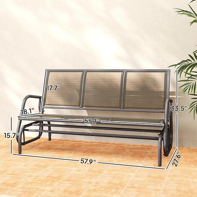Outsunny 3-Person Patio Glider Bench, Outdoor Porch Glider Swing with 3 Seats, Breathable Mesh Fabric, Metal Frame, Light Mixed Brown