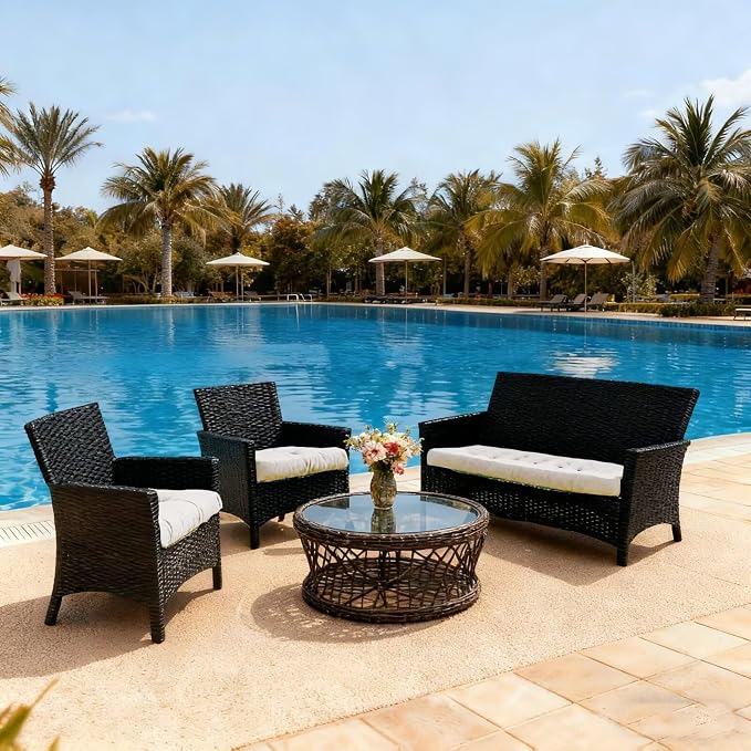 Patio Furniture Cushions Outdoor, Waterproof Wicker Chair Cushions Set of 3, 1 Loveseat & 2 Seat Pads, Thick Outdoor Replacement Cushions for Porch Lawn Bench Couch Sofa Swing, Beige