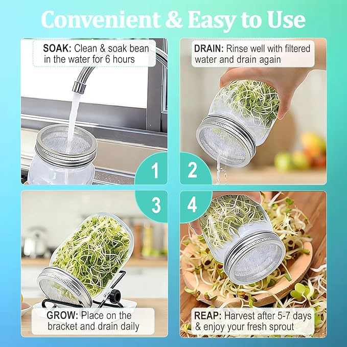Seed Sprouting Kit, 2 Large 1000ML Wide Mouth Mason Jars with Sprout Lids, Drain Tray, Stainless Steel Stand, Cleaning Brush Sprouts Growing Kit for Sprouts, Bean, Broccoli