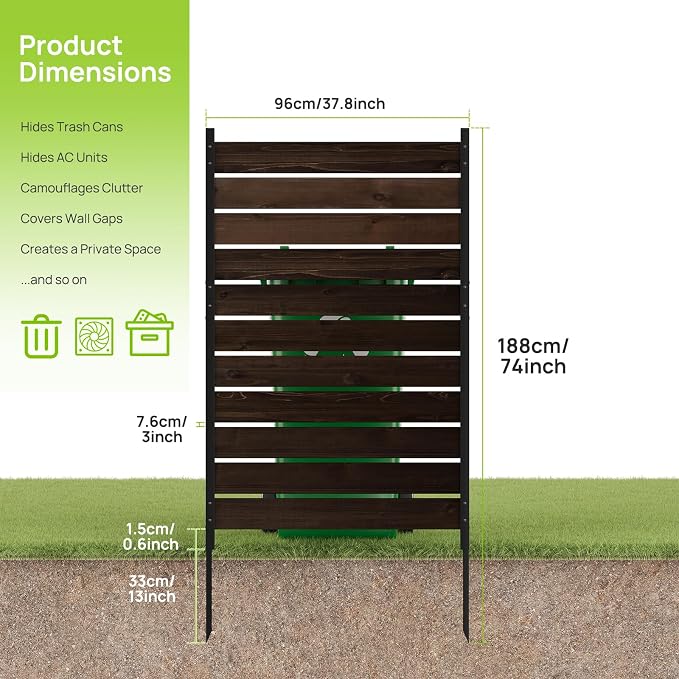 38"W x 61"H (1 Panel) No Dig Wood Privacy Screen Outdoor Privacy Fence Panel for AC Unit Trash Can Pool Equipment Enclosure Decorative Patio Privacy Wall Screen with Metal Posts & Stakes (Dark Brown)