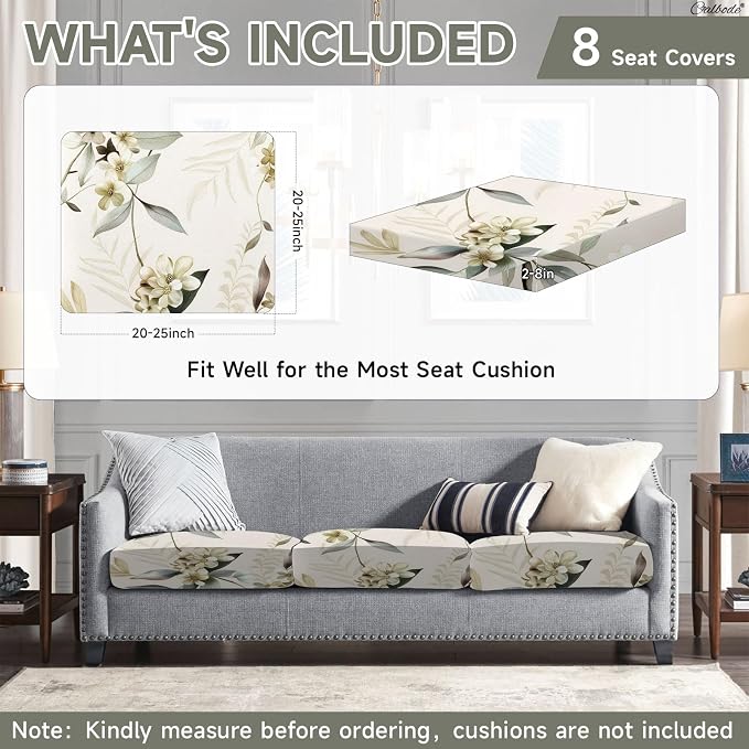 CALBODE 8 Pcs Stretch Outdoor Seat Cushion Covers, Washable Chair Seat Cover for Patio Furniture Cushions Soft Indoor and Outdoor Couch Cover Replacement (Beige Botanical, Cover Only)
