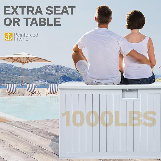 DWVO 230 Gallon Resin Outdoor Storage Box, XXL Double-Wall Waterproof Deck Box with Divider, Doubles as Table or Seating with 1000 lbs Capacity, Lockable (Grayish-White)