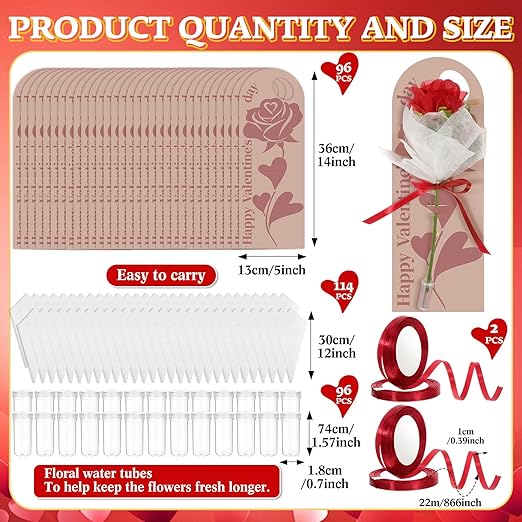Eaasty 96 Set Valentine's Day Themed Single Rose Card Sleeve Gift Packaging Flower Holder with Floral Water Tubes Ribbon Floral Tissue Paper for Rose Packing