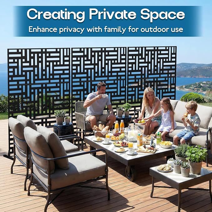 MTART Metal Privacy Screen 72" H x 47.2" Decorative Outdoor Privacy Screen Privacy Panel with Stand for Balcony Deck Patio Lawn Garden, Privacy Fence (Black-Street)