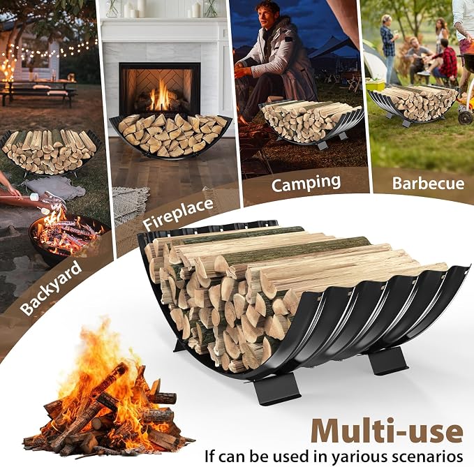 TBMLC 32 inch Diameter Sector Firewood Rack Storage -0.8MM Thick Galvanized Steel with Wave Pattern & 4 Stable Feet, Black Coated for Indoor/Outdoor Wood Storage (2.7FT Diameter)