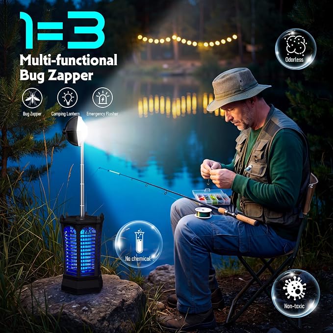 Bug Zapper Outdoor 2026, Portable Electric Mosquito Killer with Camping Light, Cordless USB Rechargeable Bug Zapper Fly Zapper Trap for Fishing, Hiking, Camping, Patio, Home