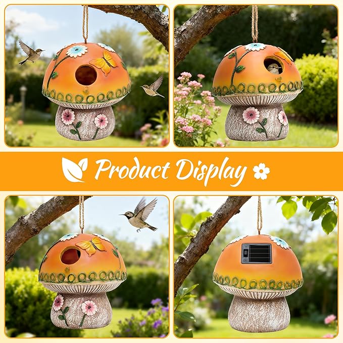 Smadeer Solar Birdhouse for Outdoor Hanging, Mushroom Bird House with Lights Outside, Resin Garden Statue Decorative Nesting Box for Chick Blue Bird Hummingbird Woman Gifts for Yard Patio