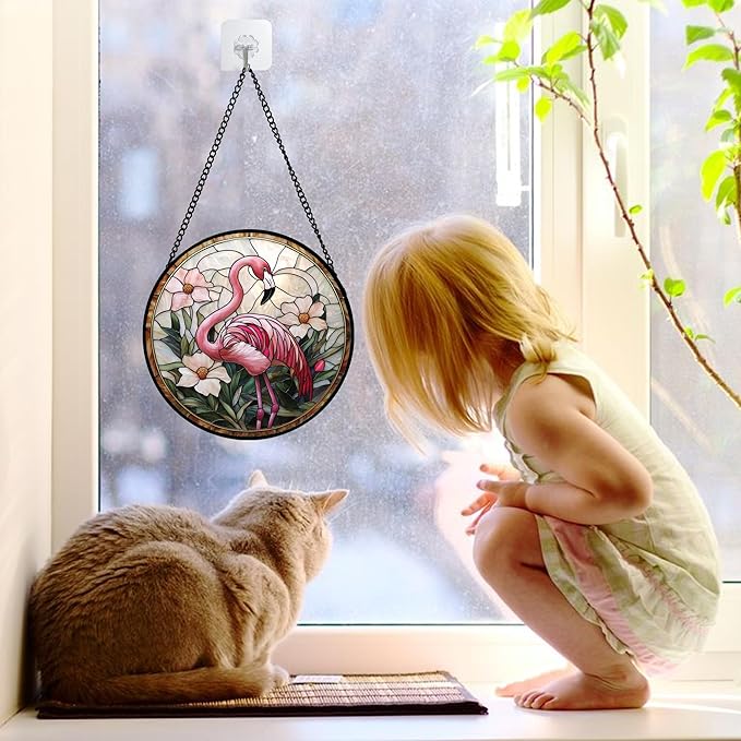 DASTOLL Stained Glass Window Hanging, Flamingo Flower Sun Catchers Diamond Glass Panel Hangings Pink Suncatcher Decor for Birthday for Women, Men, Wife, Aunt, and Mom 6.3 in