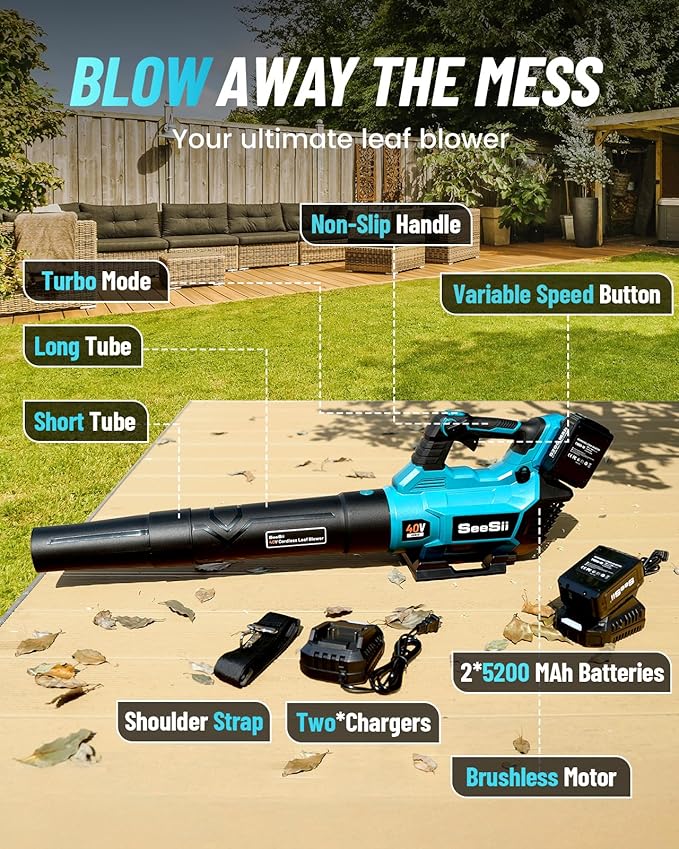 SEESII 40V Leaf Blower Cordless with 2 x 5200mAh Batteries and 2 Chargers, 680CFM 210MPH Electric Leaf Blower with Variable Speed Control, Handheld Battery Blower for Lawn Care, Dust and Debris