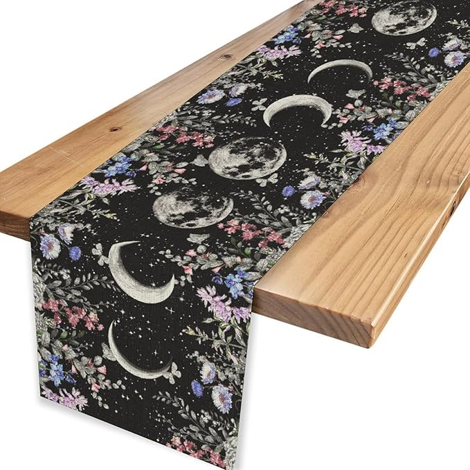 Boho Floral Table Runner, Spring Gothic Wild Flower Moon Phase Seasonal Mystical Witch Coffee Table Center Decor for Family Holiday Party Kitchen Outdoor Farmhouse Table Decorations, 13"x36"