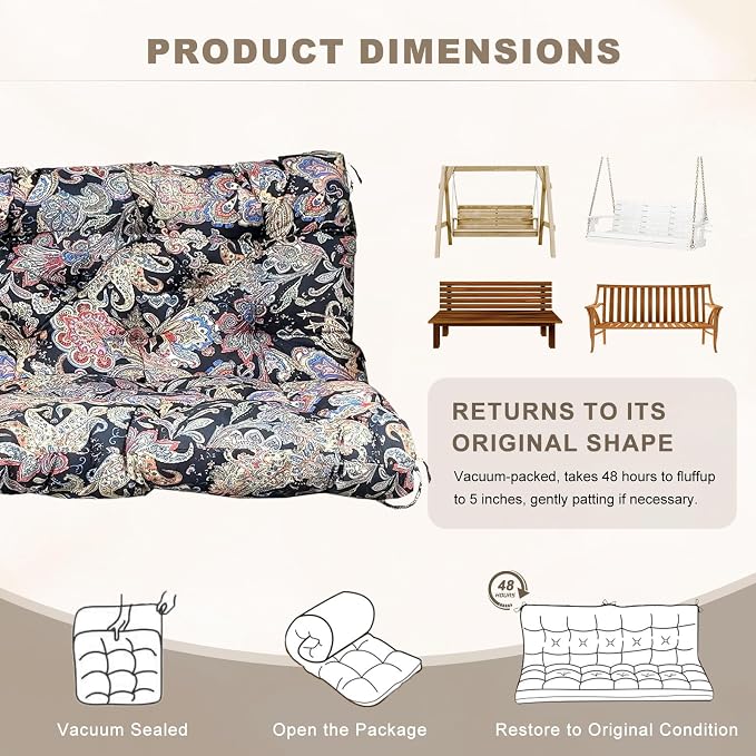 Porch Swing Cushion with Backrest,Waterproof Bench Cushion for Outdoor Furniture,2-3 Seater Replacement Thickened Swing Cushion with Ties,Patio,Outdoor,Backyard and Garden (Vintage Paisley,60x40")