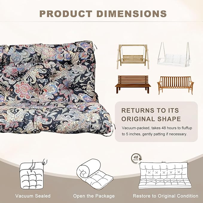 Porch Swing Cushion with Backrest,Waterproof Bench Cushion for Outdoor Furniture,2-3 Seater Replacement Thickened Swing Cushion with Ties,Patio,Outdoor,Backyard and Garden (Vintage Paisley,47x40")