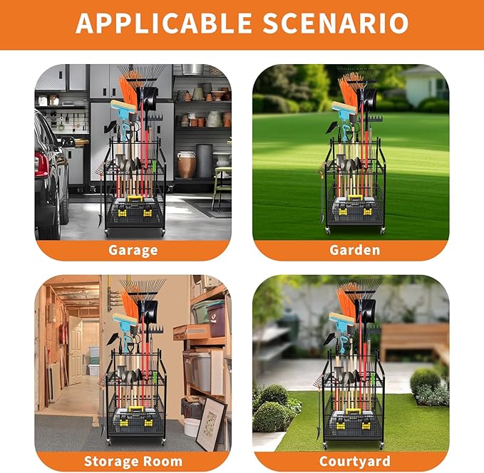 Garden Tool Organizer, Yard Tool Organizer with Wheels, Metal Yard Tools Storage, Heavy Duty Garden Tool Organizer for Garage, Partitioned Tool Organizer and Storage for Garage, Tool Stand, Outdoor