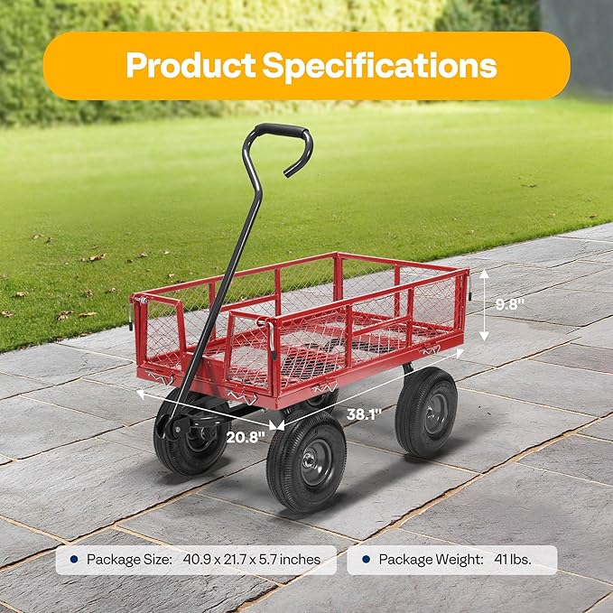 VIVOHOME Heavy Duty 880 Lbs Capacity Mesh Steel Garden Cart Folding Utility Wagon with Removable Sides and 4.10/3.50-4" Wheels 10 inch Tire(Red)