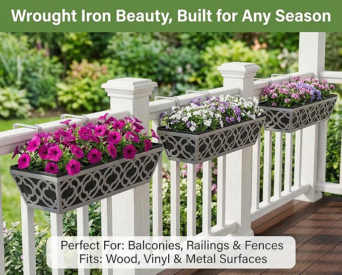 Y&M 4Pcs 24'' Railing Planter Box Set with Black Non-Woven Fabric Liner, Flower Boxes with Adjustable Brackets, Large Metal Hanging Window Boxes for Fence, Deck, Balcony, and Garden