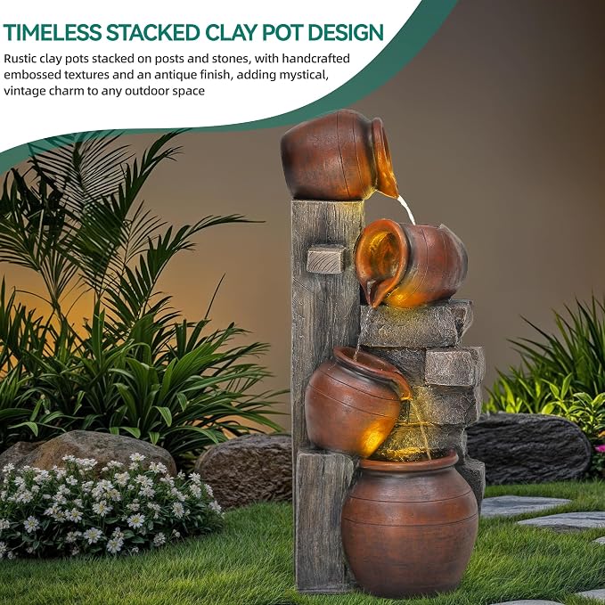 AUTODAYA 31.5" H Outdoor Water Fountain with LED Lights and Pump, Cascading Pitchers Farmhouse Garden Fountain Waterfall for Patio, Porch, or Yard
