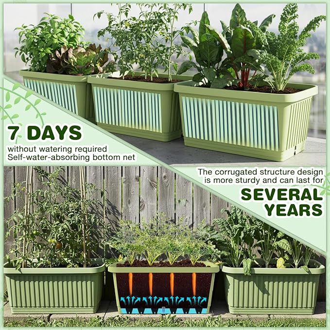 3 Pcs Large Planter Boxes Deep Rectangular Planter Boxes Outdoor Lightweight Plastic Planting Flower Pot with Drainage Holes Plant Pot for Patio, Courtyard, Lawn, Outdoor(Green,28 Inches)