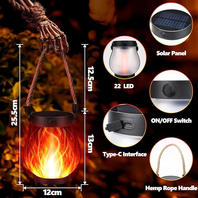 Jyoiat Solar Flame Lantern Hanging Outdoor Waterproof - 2 Pack Flame Lanterns with Dual Charging Modes of Solar & USB for Garden or Yard Decorations (Red - 2 Pack)