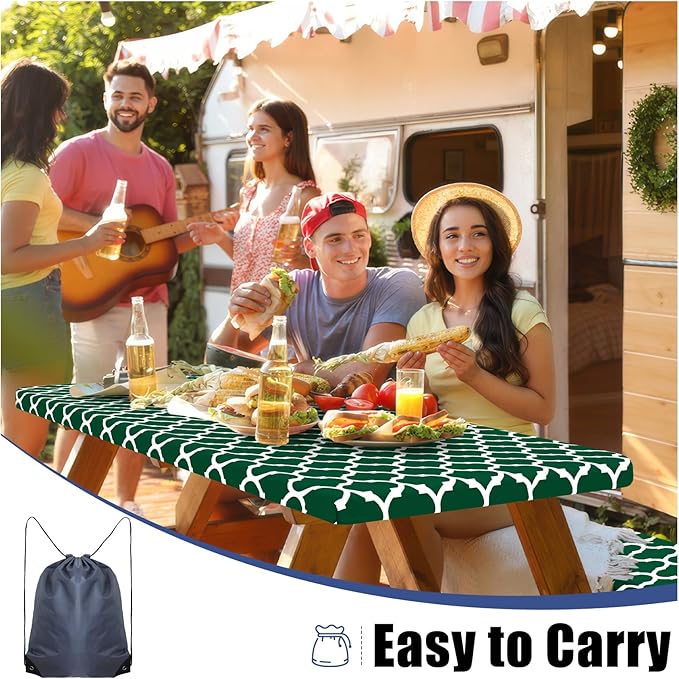 Smiry Picnic Table Cover with Bench Covers, Waterproof Elastic Fitted Tablecloth for 6 Foot Tables, Washable Polyester Tablecloths for Camping, Indoor & Outdoor (Emerald Green, 30x72 Inch 3-pc Set)
