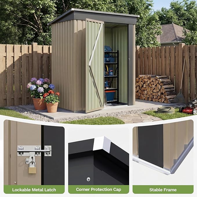 Patiowell 5x3 FT Outdoor Storage Shed with Floor Frame, Small Metal Garden Sheds with Sloping Roof and Lockable Door, Waterproof Patio Tool Shed for Backyard Garden Lawn, Brown