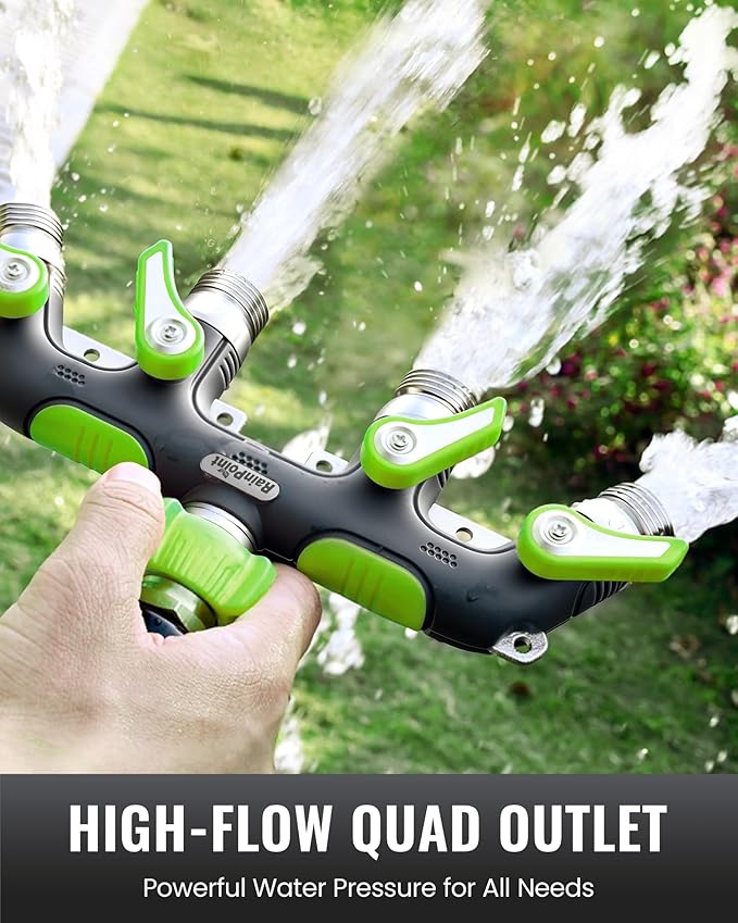 RAINPOINT 4 Way Garden Hose Splitter, 100% Metal Heavy Duty Water Hose Splitter with Individual Shut-Off Valves, 3/4" GHT High Flow Outdoor Faucet Splitter, 1.81" Extra Long Handle (Green)