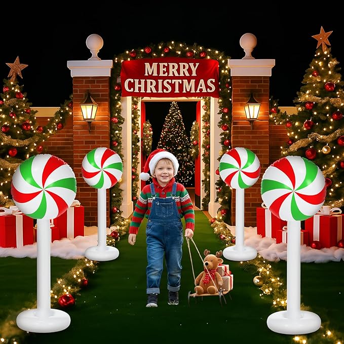Simgoing 4 Pcs Christmas Inflatables Candy Outdoor Decorations 4 FT Christmas Candy Inflatable Column Blow up Decoration for Winter Xmas Lawn Yard Garden Home Decor (Red, White, Green)