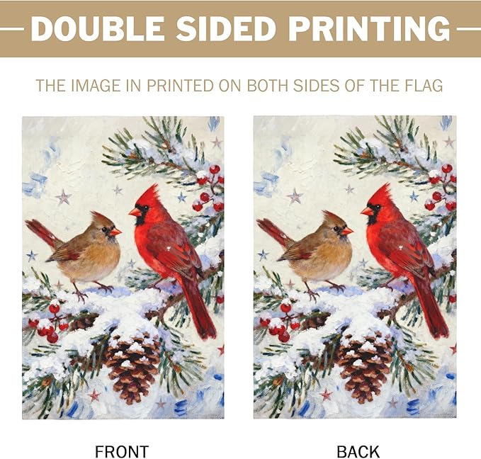 Winter Cardinal Garden Flag 12x18 Inch Pinecone Twigs Holly Berry Christmas Holiday Decorative Yard Flags for Outside Double Sided Seasonal Outdoor Home Farmhouse Decoration Porch January Decor