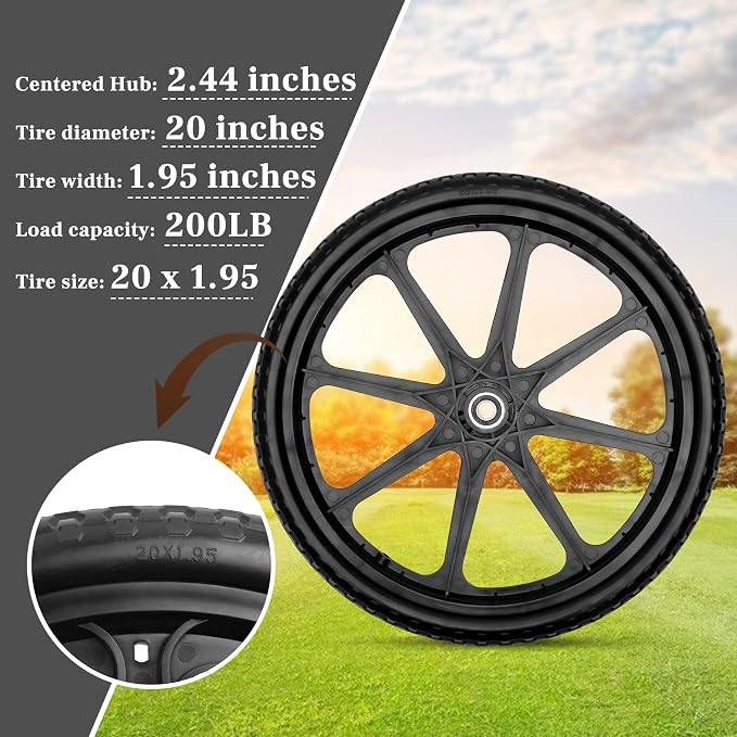 Upgraded 20" Flat Free Wheels Compatible with rubbermaid Wheelbarrow Tires, 20" Flat Free Tires with 5/8" and 3/4" Bearings Replacement for rubbermaid Cart Wheels/Big Wheel Utility Carts