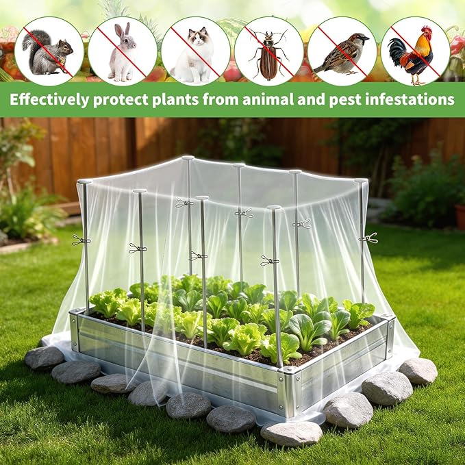 Metal Garden Netting Kit, 8 Pack 2.7ft Sturdy Outdoor Raised Beds Garden Stake Netting Support with 10'× 20' Durable Fine Insect Netting for Garden &16pcs Fixing Clips Plant Covers Set Pest Barrier