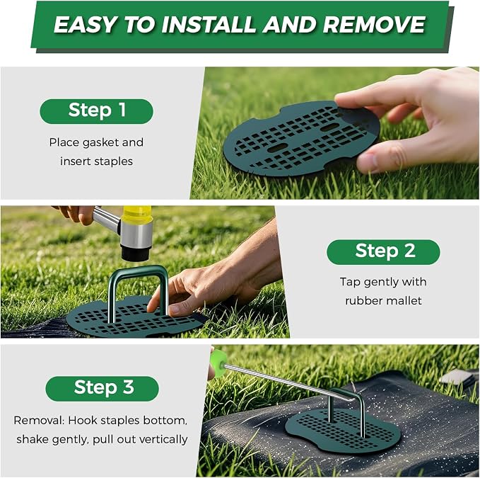 6 Inch Landscape Fabric Staples, 200Pcs Garden Stakes Galvanized +200Pcs Gasket +Pick Hook +Rubber Mallet, U Shaped Weed Barrier Stakes 11 Gauge Lawn Staples Landscape Pins for Yard, Sod, Weed Mat