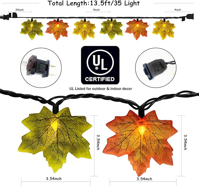 GOOTHY Fall Decor Multicolored Maple Leaf String Lights, 13.6Ft LED Thanksgiving Decorations Lights Plug in with 35 Maple Leaves Light for Indoor Outdoor Halloween Fall Party Home Garland