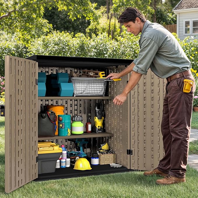 DWVO Outdoor Storage Cabinet with 2 Shelves, Waterproof Horizontal Plastic Storage Shed with Lockable Door, 15 cu. ft. Patio Tools Storage Box for Patio, Garden, Backyard, Deck, Brown