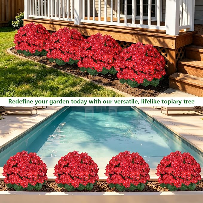 Grooy Artificial Plants Flowers Topiary Ball for Outdoor, 2 Pack Fake Silk Crabapple Flower Plant Bushes, UV Resistant Realistic Plants Shurbs for Outside,Front Porch,Patio,Yard(Red)