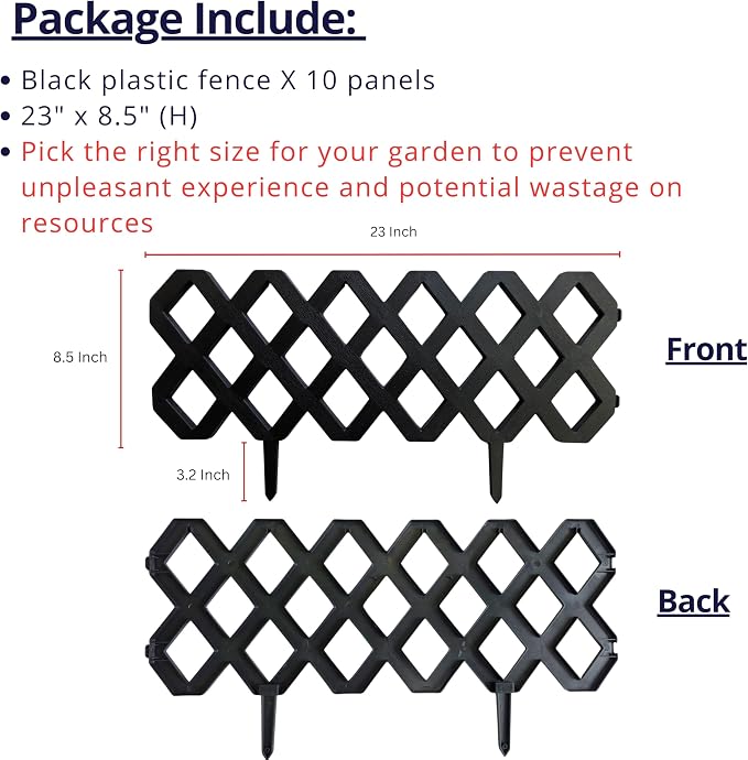 LaLaGreen Garden Edging Border (23x8.5 Inch, 10 Pack) Black Plastic Fence Panels, Landscape Edging for Yard Lawn Patio Pathways Trees, Decorative Flower Bed Borders Outdoor Style Decor