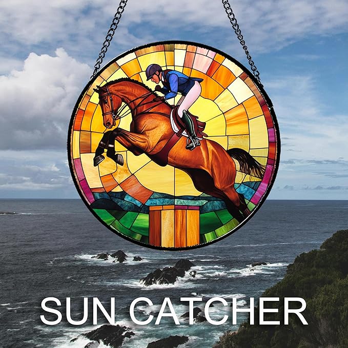 DASTOLL Stained Glass Window Hanging Equestrian Sports Large 11.8" - Horse Suncatcher Door Garden Sunroom Sun Catcher Home Decor Birthday Christmas for Mom Men Woman Nana