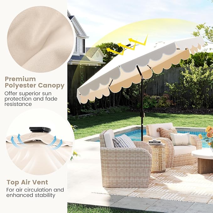 Tangkula 9 FT Solar Patio Umbrella, 2-Tiers Scalloped Outdoor Table Market Umbrella with 32 LED Lights, Vented Top, Tilt Adjustment, Crank, 8 Ribs for Backyard Poolside Deck Beach Lawn (Beige)