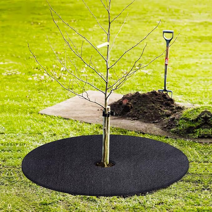 12-Pack Non-Woven Tree Mulch, 20.5 Inch Weed Control Mat with 16 Staples, Reusable Tree Protector for Grass and Pets