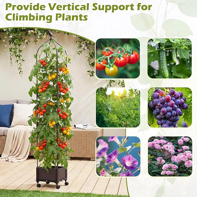 HAPPYGRILL Raised Garden Bed with Trellis, 83”H Self-Watering Tomato Cages, Adjustable Height, Indoor Outdoor Obelisk Planter Box w/Trellis & Wheels for Climbing Plants Vines Fruits