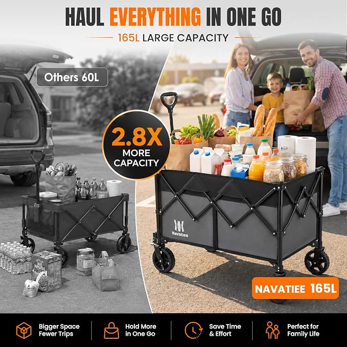 Navatiee 165L Collapsible Folding Wagon, Large Foldable Wagon with Silent All-Terrain Wheels, 330Lbs Heavy Duty Utility Grocery Cart for Camping Shopping Outdoor, Gray
