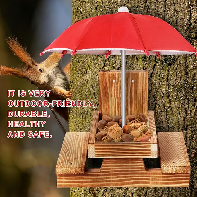 Gnodary Squirrel Feeder with Umbrella, Squirrel Feeders for Outside, Squirrel Picnic Table Feeder - Chipmunk Feeder Hold Corn, Corn Cob, Peanuts Style2 (Red)