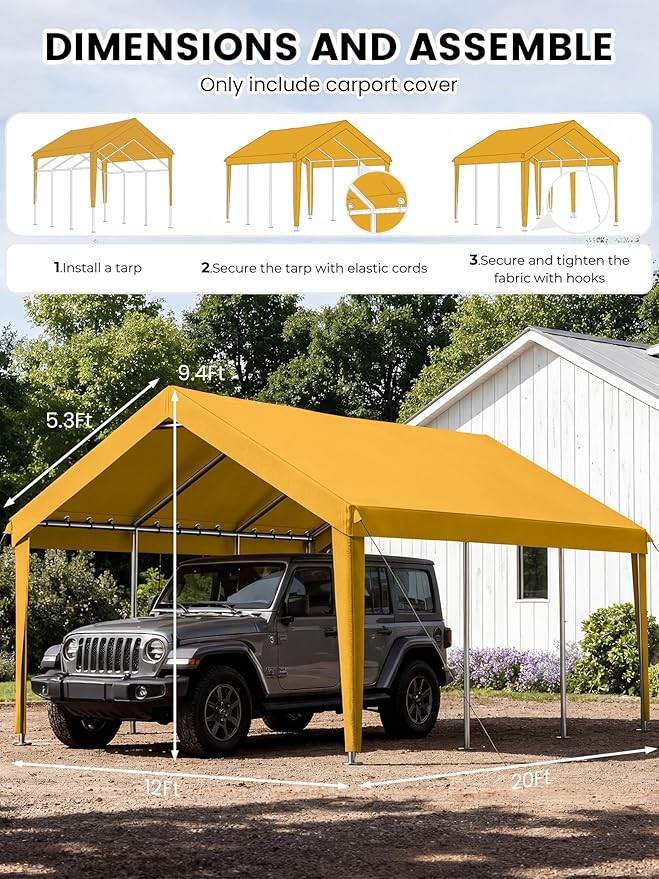 12 x 20 Ft Carport Replacement Cover, Heavy Duty Outdoor Car Tarp Canopy, Waterproof & UV Protected Tear Oxford Tarp with Ball Bungees (Frame is Not Included)