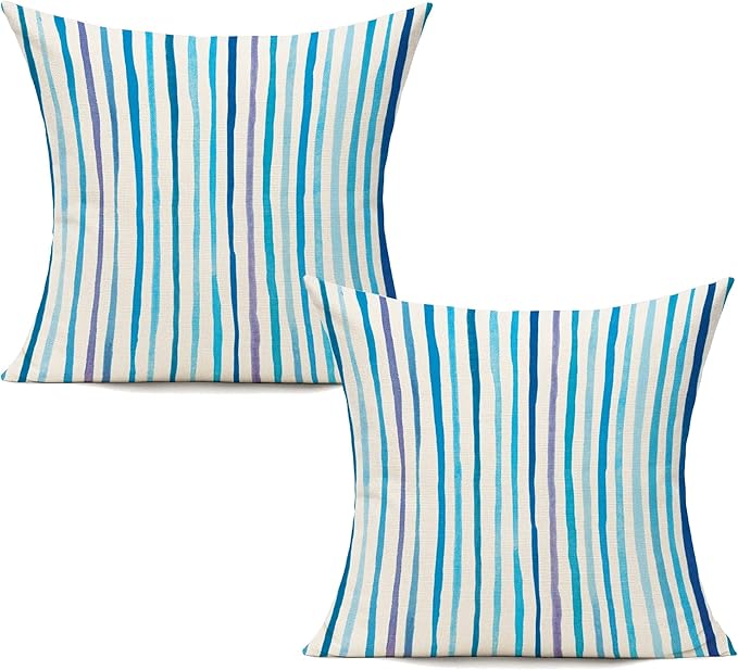 All Smiles Outdoor Blue Throw Pillow Covers for Patio Bench Garden Porch Sunbrella Furnitures Sage Lines Stripes Cushion Cases Decorative 16x16 Set of 2 for Sofa Couch