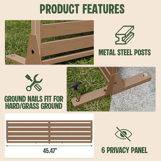 Outdoor Privacy Screen Panel 72" Freestanding Privacy Fence with Stand, HDPE Decorative Privacy Screens with Louvered 6 Panels, Weather-Resistant Panel Fence for Patio,Balcony,Pool, Brown