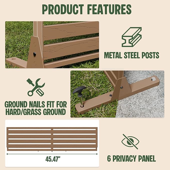 Outdoor Privacy Screen Panel 72" Freestanding Privacy Fence with Stand, HDPE Decorative Privacy Screens with Louvered 6 Panels, Weather-Resistant Panel Fence for Patio, Balcony,Pool, Brown