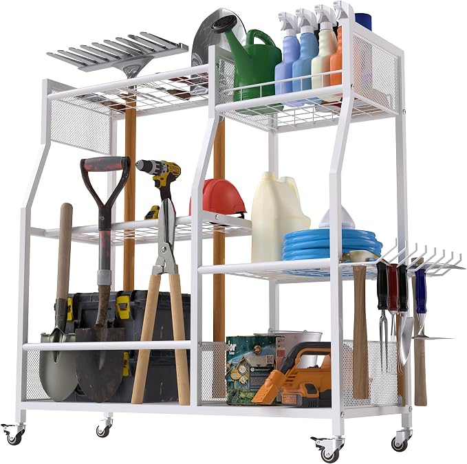HOTEAGLE Yard Tool Organizer for Garage 35.4" Width High Stability Outdoor Metal Utility Rolling Cart with Mute Wheels, 18.5mm Thick Rods Ideal Garden Tool Rack, Easy to Clean,White